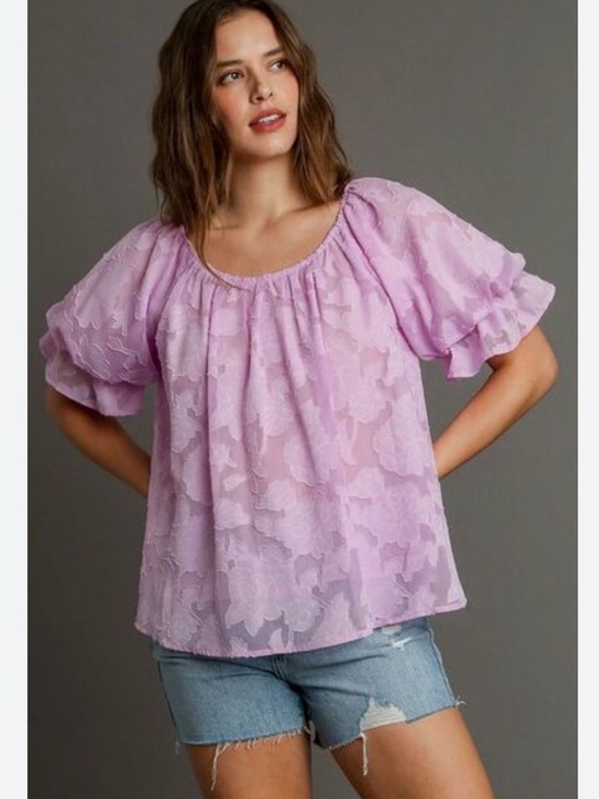 Umgee Tops - Umgee Lavender Puff-Sleeve Peasant Blouse
